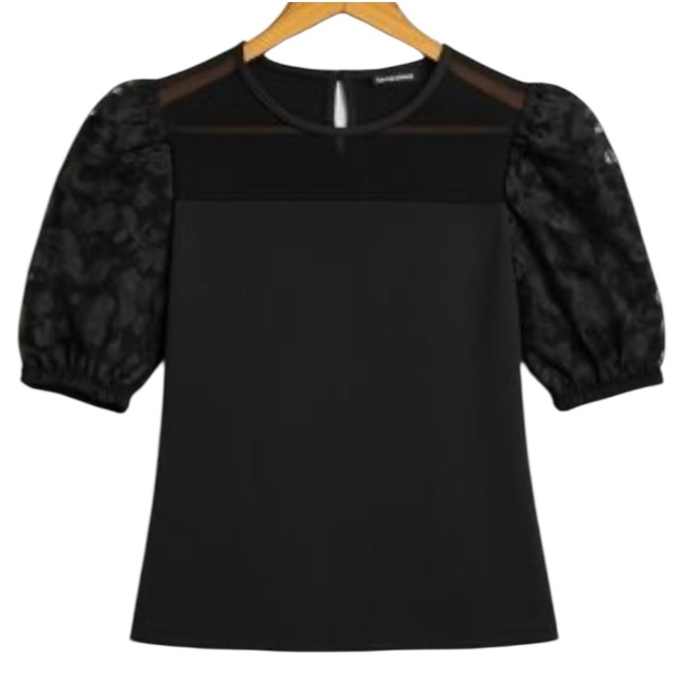 NWT Parker & Quinn Faux Leather Puff Sleeve Mesh Top Size Medium